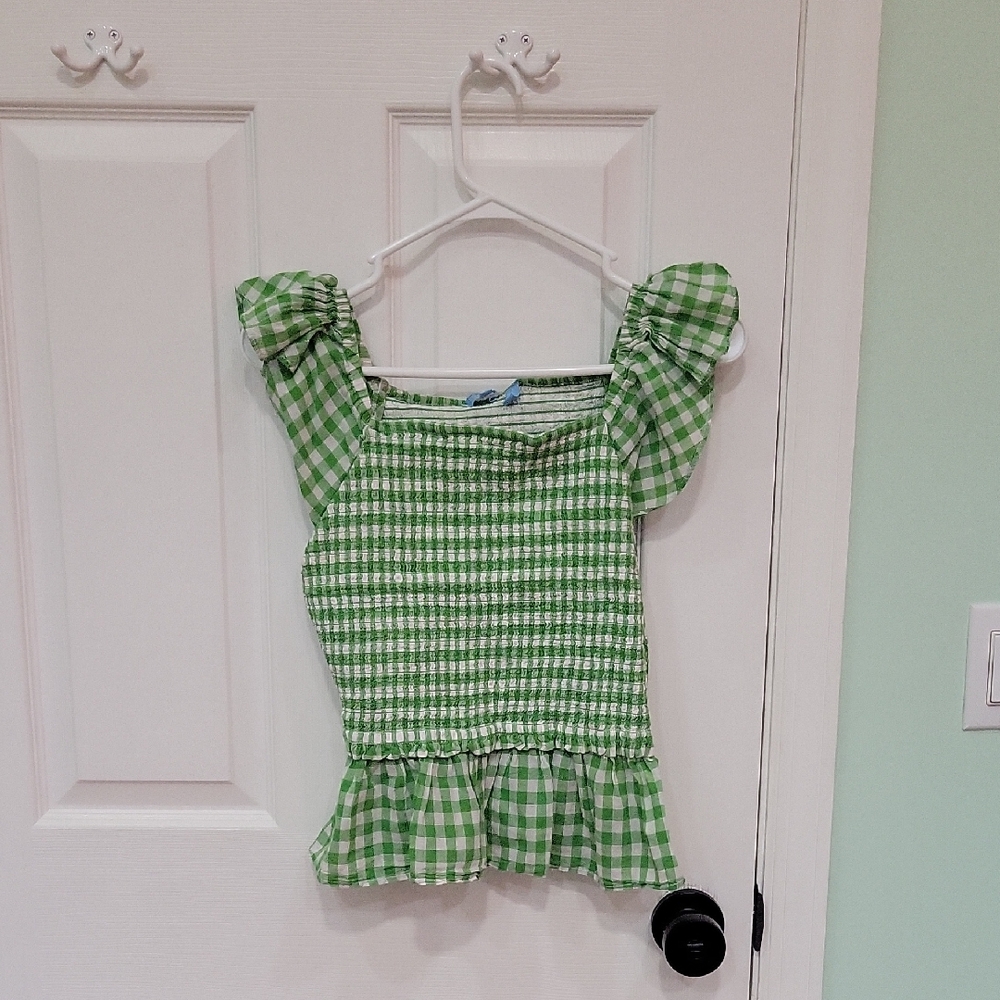 Draper James Green Gingham Smocked Ruffle Top